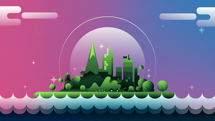 Green city skyline with a pink and blue gradient background, futuristic city concept. 
