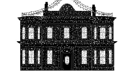 Fototapeta premium House facade covered in strings of lights forming intricate patterns, illustration art