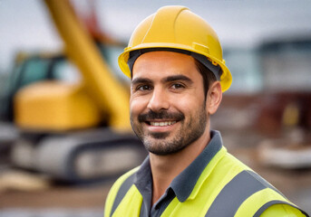 Close-up portrait of a smiling middle-aged male civil engineer wearing a yellow hard hat and reflective safety vest on a construction site. Engineer created with artificial intelligence.