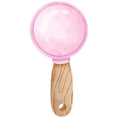 Hand drawn watercolor illustration of a pink magnifying glass for use as an illustration.
