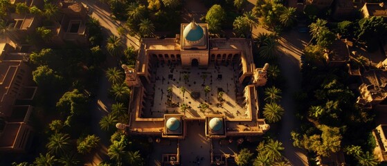 Aerial view of a historical building surrounded by lush greenery, showcasing intricate architectural details.