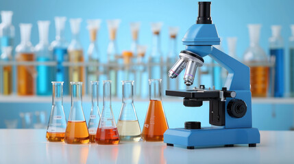 modern laboratory featuring blue microscope and various glass beakers filled with colorful liquids, showcasing scientific exploration and experimentation