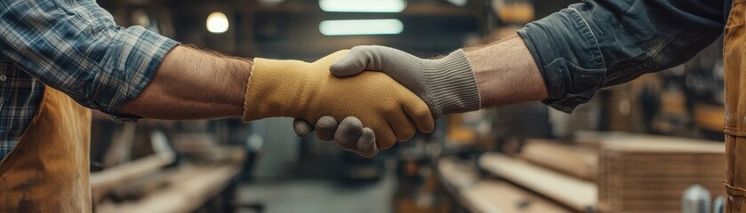 Two Craftsmen Shaking Hands in a Workshop, Symbolizing Teamwork and Collaboration in a Woodworking Environment