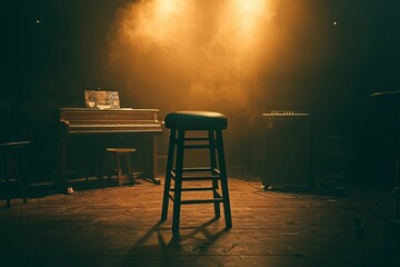 A Piano, Stool, and Amplifier on a Dark Stage with a Spotlight