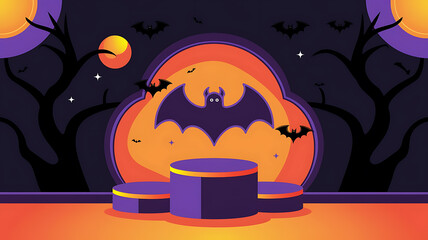 Purple and orange Halloween background with bat and podium for product display. 
