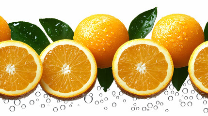 Fresh oranges with leaves and water droplets on a white background.