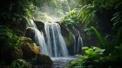 Lush Rainforest Waterfall with Sunlight Filtering Through Canopy