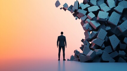 Man Overlooking Breaking Digital Wall of Cubes