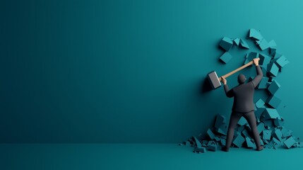 Businessman Breaking Wall with Hammer Tool