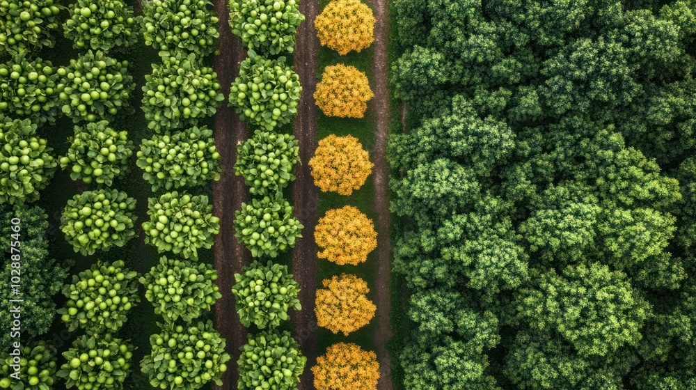 Poster Aerial view of an orchard with rows of green and yellow trees, creating a visual pattern from above.