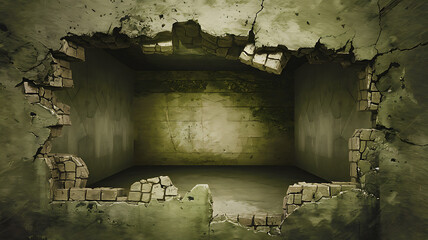 Green and grey brick wall with a hole revealing a dark room, perfect for grunge and horror concepts. 
