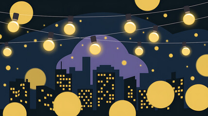Night city skyline with yellow lights and a festive mood. 
