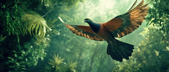 A majestic bird soaring gracefully through a lush green forest, showcasing its vibrant plumage against a natural backdrop.