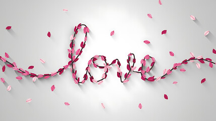 Romantic, stylized "love" lettering composed of intertwined pink leaves and branches, against a light gray background with falling petals.
