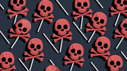 Red skull lollipops on dark blue background, Halloween candy pattern, spooky and festive. 
