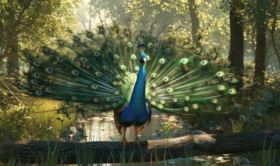 Obraz premium Beautiful peacock displaying feathers, 4K hyperrealistic photo