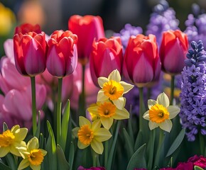 Obraz premium Colorful spring flowers in the sunshine: a garden full of colors A vibrant garden scene in which various spring flowers such as daffodils, tulips and hyacinths shine in the sunlight.