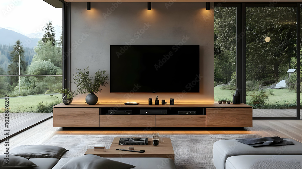 Wall mural Modern living room with sleek furniture and outdoor view.