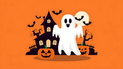 Cute Halloween illustration with a white ghost, a haunted house, and pumpkins in orange and black. 
