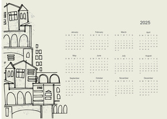 Calendar vector template for year 2025 with with an ancient city, ruins, gates and arches. Isolated calendar dates