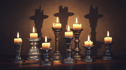 Silver candle holders with warm yellow candles casting shadows on a wall, creating a cozy and romantic atmosphere.