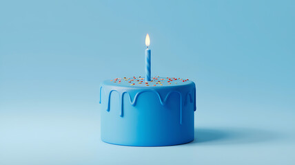 Blue Birthday Cake with a Single Candle on a Blue Background, Minimalist Style, Celebration and Joy, Birthday Party 
