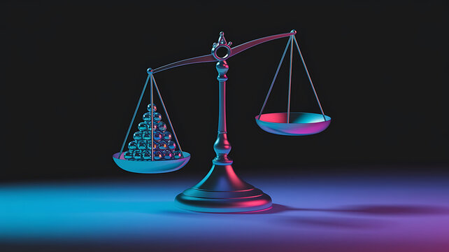 Silver scales tipped with blue and red spheres on a blue and pink background, abstract justice concept. 
