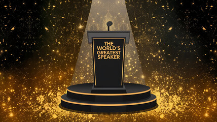 Black podium on golden background, speaker stage, awards ceremony, achievement and success. 
