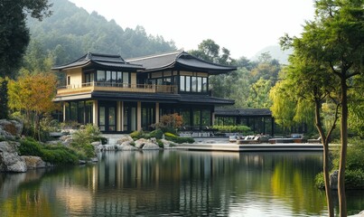 Fototapeta premium Traditional Chinese house by a pond.