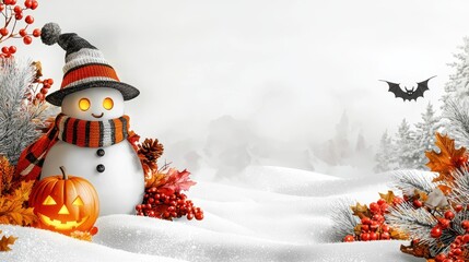 Obraz premium Cute Watercolor Snowman with Pumpkin and Autumn Leaves