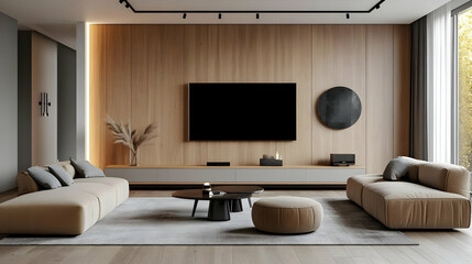 Modern living room with minimalist design and neutral tones.