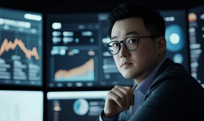 Obraz premium Man in glasses analyzing data on screens.