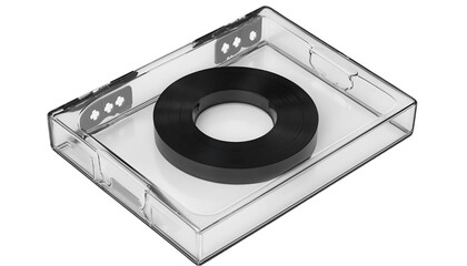 Fototapeta premium Transparent cassette tape case with a black cassette inside, isolated on transparent background.