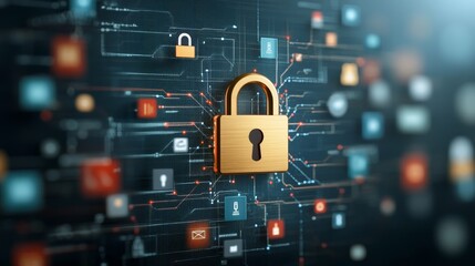 The digital padlock surrounded by floating privacy settings protecting personal data from incoming cyber threats