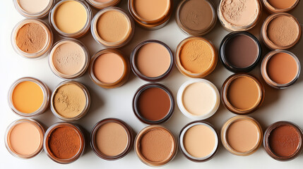 top down view of foundation jars in varying shades, beautifully arranged in circle, showcasing