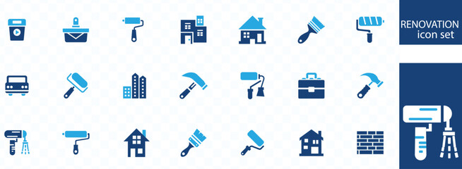 House or Real estate icon set. Containing house, key, buy, sell, loan, smart home, building, mortgage, address, renovation, land, kitchen, bedroom, living room, bathroom. Solid icon vector collection