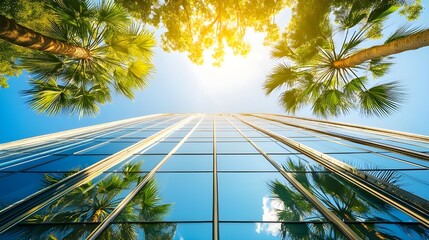 Modern Glass Building with Palm Trees.