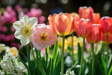 Obraz premium Colorful spring flowers in the sunshine: a garden full of colors A vibrant garden scene in which various spring flowers such as daffodils, tulips and hyacinths shine in the sunlight.