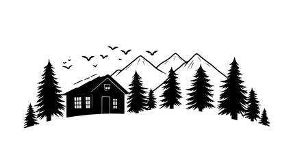 Obraz premium Mountain cabin surrounded by snow-covered pine trees, vector illustration art