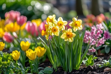 Obraz premium Colorful spring flowers in the sunshine: a garden full of colors A vibrant garden scene in which various spring flowers such as daffodils, tulips and hyacinths shine in the sunlight.