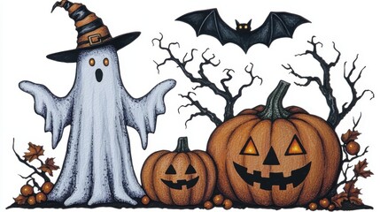Spooky Halloween Ghost and Pumpkin Watercolor Illustration