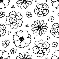 Simple black and white floral vector seamless pattern. Black outline of flowers. For fabric prints, packaging, beauty products.