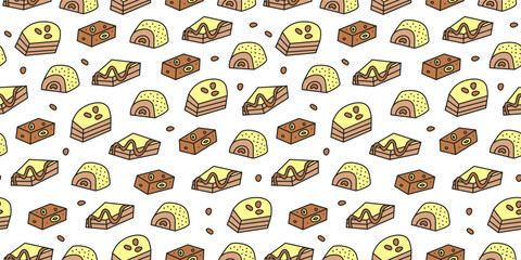 Seamless pattern with traditional doodle Turkish sweets and desserts with honey, nuts including baklava, cezerye, nougat, delights.