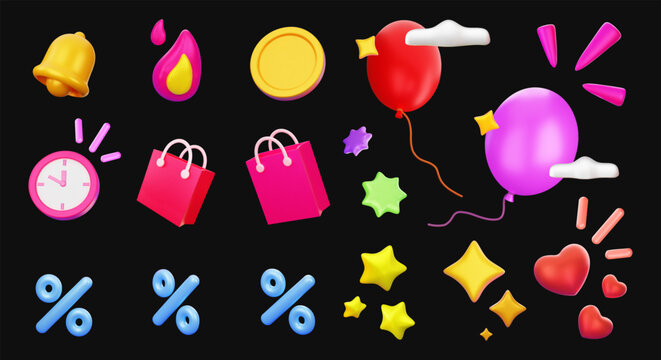 Set 3d vector icons including balloons, clock, fire,stars, shopping bags,percent.Design elements for festive occasions or promotions.