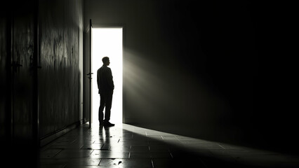 Fototapeta premium Man Standing in Doorway with Light Illumination