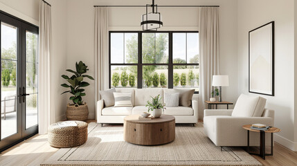 Fototapeta premium modern living room featuring clean lines, large windows, and natural light. space includes comfortable sofa, round coffee table, and decorative plants, creating serene atmosphere