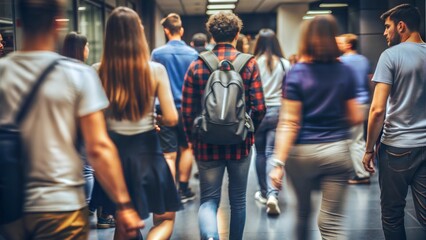 Blurred image of students walking in a university hallway




