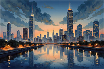 Fototapeta premium Chicago skyline reflecting on chicago river at sunset