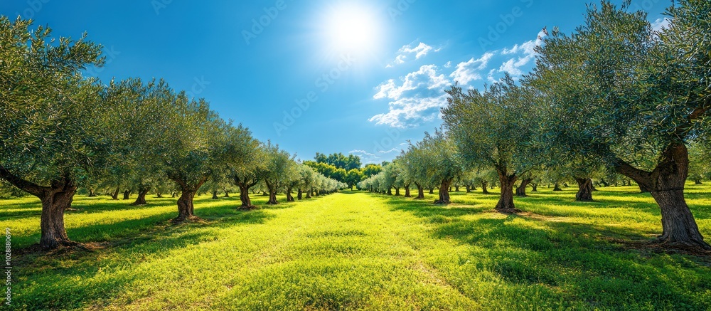 Poster a scenic view of a lush olive grove with rows of trees under a bright sunlit sky, highlighting the b