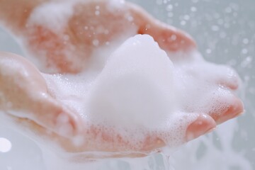 Fototapeta premium Hands filled with foamy soap bubbles during washing, capturing a moment of cleanliness and hygiene in soft lighting
